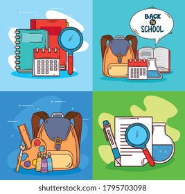 set scenes with supplies education vector illustration design