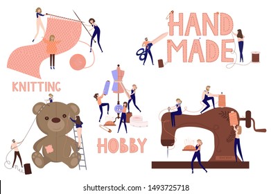 Set of scenes Tailor Create Outfit and Apparel, Assistant Working with Mannequin, Sew Huge Teddy Bear. Editable vector illustration. 