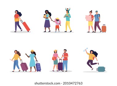 Set of scenes with tourists. People going on summer vacation, journey, trip. Young people, families with children, men, women, luggage and tickets. Cartoon flat vector collection on a white background