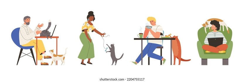 Set of scenes with typical cat's behavior flat style, vector illustration isolated on white background. People characters, cute playing and lying pets, friendship