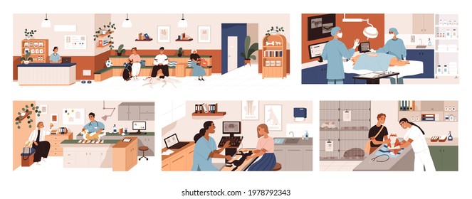 Set of scenes in vet clinic. Doctors examining and cure pets in veterinarian office. Sick animals and their owner during checkup in modern veterinary hospital. Colored flat graphic vector illustration