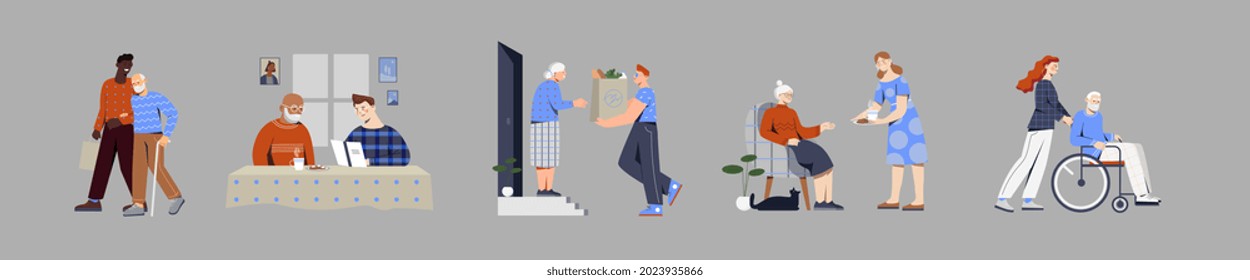 Set of scenes with volunteers taking care of elderly people on grey background. Male and female people help with chores, bringing the grocery, pushing the wheelchair. Flat cartoon vector illustration