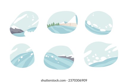 Set of Scenes with Winter Mountain Resort Landscape with Slalom Gates, Slides and Spruces. Ski Resort Settlement