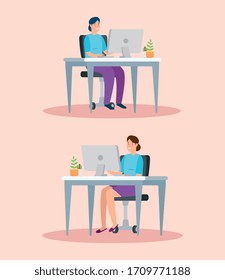 set scenes of women with desk and computer in workplace vector illustration design