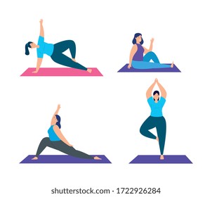 set scenes of women practicing yoga vector illustration design