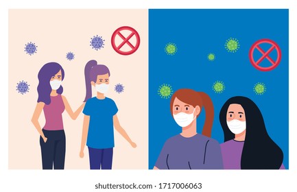 set scenes of women using face mask with particles covid 19 vector illustration design