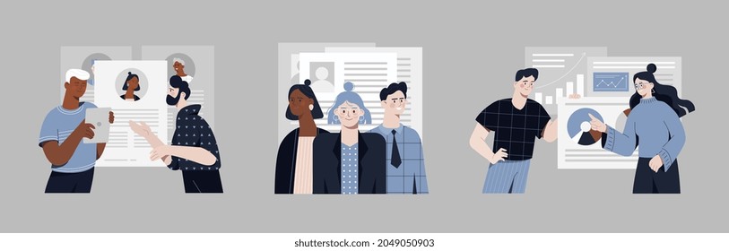 Set of scenes with workers every day job. Concept of human resources, candidates, performance management, find employee, hr management. Flat cartoon vector illustration