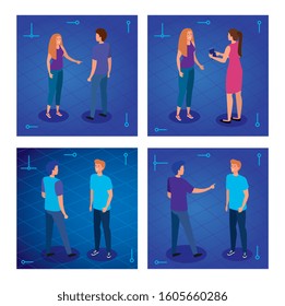 set scenes young people avatar character vector illustration design