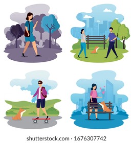 set scenes of young people doing activities vector illustration design