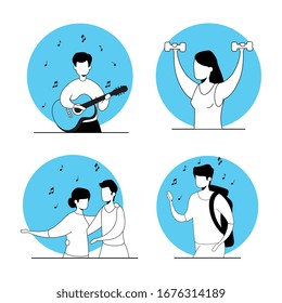 set scenes of young people doing activities vector illustration design