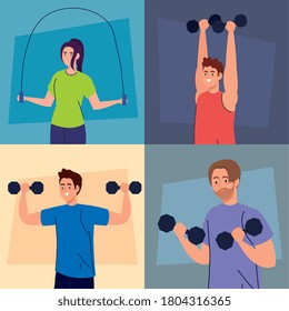 set scenes of young young people doing exercises, sport recreation exercise vector illustration design