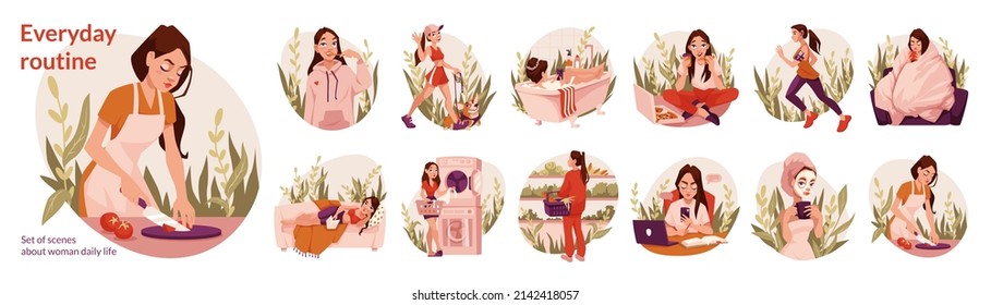 Set of scenes from young woman everyday life. Young girl eats, works, goes in for sports, walking the dog, brushing his teeth, buys groceries, go bath, cooks dinner, reads a book. Everyday routine.