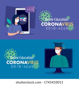 escenas de conjunto, consejos educativos en línea para detener la difusión de coronavirus covid-19, aprendizaje en línea concepto de diseño de ilustración vectorial