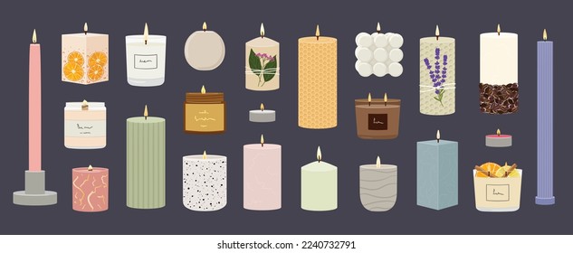 Set of scented burning candles. Beeswax, paraffin, soy, coconut wax candles in jar, containers and pillar.  Aroma SPA candles collection. Zero waste eco gifts. Hand draw vector illustration