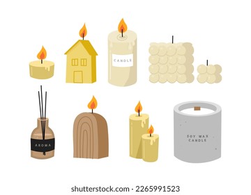 Set of scented burning candles. Beeswax, paraffin, soy, coconut wax candles in jar, containers and pillar. Aroma SPA candles collection. Zero waste eco gifts. Hand draw vector illustration.