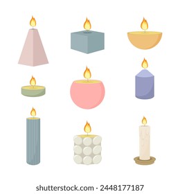 Set of scented burning candles. Paraffin pillar candles. Aroma SPA candles collection. Zero waste gifts. Home decorative candles. Hand draw vector illustration isolated on white