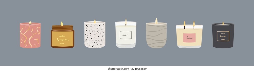 Set of scented burning candles. Soy and coconut wax candles in jar and cups. Home decorative natural candles. Aroma candles collection. Zero waste eco gifts. Hand draw vector isolated illustration 