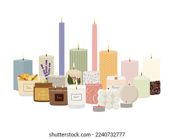 Set of scented burning candles stand together. Beeswax, paraffin, soy and coconut wax candles in jar and pillar.  Aroma candles collection. Zero waste eco gifts. Hand draw vector illustration