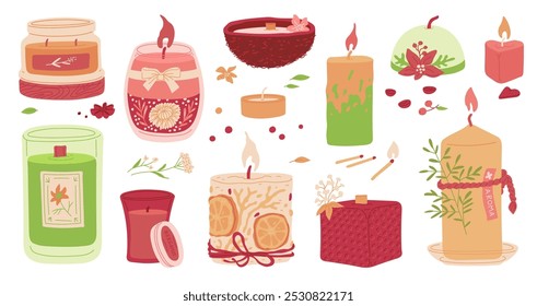 Set of scented candles. Aromatherapy. Zen. Different shapes and sizes. Pillar candle, in a jar, in a coconut. Matches, flowers. For relaxation and spa. Vector illustration isolated on white background
