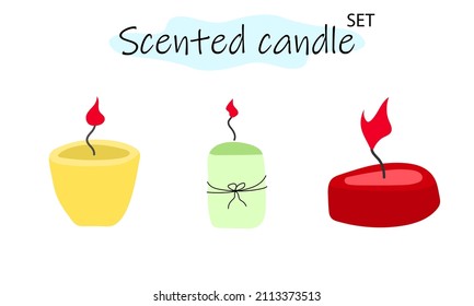 Un conjunto de velas perfumadas con fuego abrasador. Velas para el interior, iluminación y citas románticas. Aromaterapia. Ilustración vectorial en el diseño de color sobre un fondo blanco.