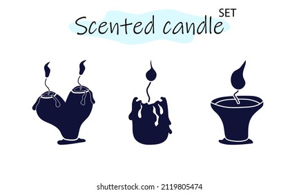 Un conjunto de velas perfumadas con fuego abrasador. Velas para el interior, iluminación y citas románticas. Aromaterapia. Ilustración vectorial en diseño monocromo sólido sobre fondo blanco.