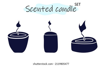 Ein Satz duftender Kerzen mit brennendem Feuer. Kerzen für die Innenausstattung, Beleuchtung und romantische Termine. Aromatherapie. Vektorgrafik in einfarbigem, einfarbigem Design auf weißem Hintergrund.
