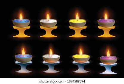 A set of scented candles, decorated in cups or glasses, set on a candle holder.Candles, candlesticks,
Candle holder. Vector illustration.