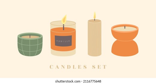 Set of scented candles, different shapes and orange, green colors. Decorative design elements. Hand drawn vector illustration isolated on light background in modern trendy flat cartoon style.