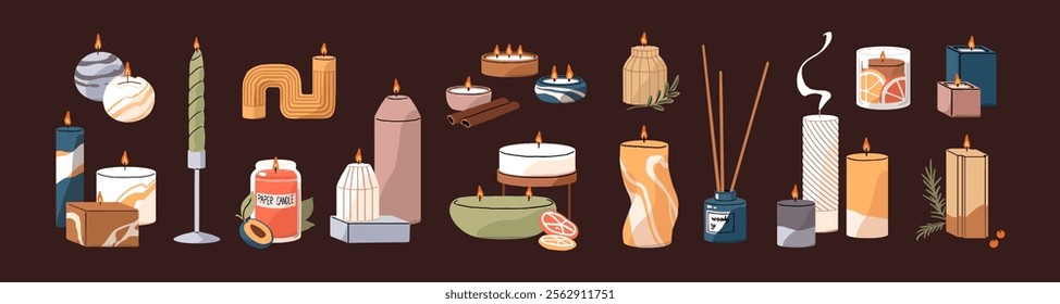 Set of scented candles with different shapes and sizes. Candlelight, wax with burning fire. Aroma diffuser for SPA. Trendy home decor, stylish interior decoration. Flat isolated vector illustrations