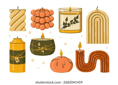 Set of scented candles with different shapes in boho style