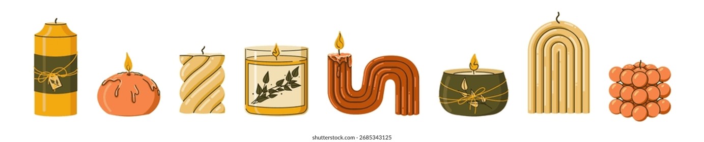 Conjunto de velas perfumadas com diferentes formas no estilo boho