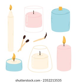 Set of scented candles isolated on white background. Vector illustration. Collection of wax candles in flat style.