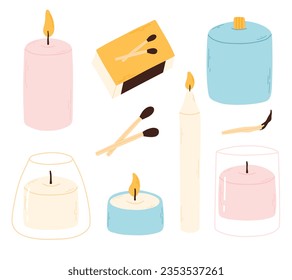 Set of scented candles isolated on white background. Vector illustration. Collection of wax candles in flat style.