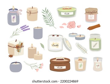 Set of scented candles and leaves for relax and spa isolated on white background. Aromatherapy hand draw vector illustration. Cozy home decoration. The aroma of pine, lavender, rose, cinnamon, citrus.