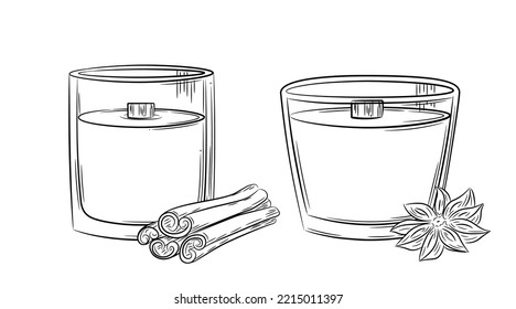 A set of scented candles with the scent of cinnamon and anise. Linear simple candle in a candlestick with a wooden wick. Doodle sketch style. Isolated vector illustration.