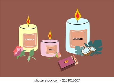 A set of scented candles with Vanilla, Rose and Coconut flavors. Illustration for the mood of comfort and relaxation. Matches lie next to three lit candles. Flat, vector.
