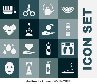 Set Scented spa stick, Bathroom scales, Cream or lotion cosmetic tube, Kettle with handle, Tea bag, Heart heal, Sauna bucket ladle and Apple in icon. Vector