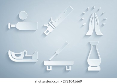 Conjunto de palo de spa perfumado, manos en posición de oración, zapatos indios, jarrón, flauta de bambú indio y icono de pelota de bate de cricket de madera. Vector