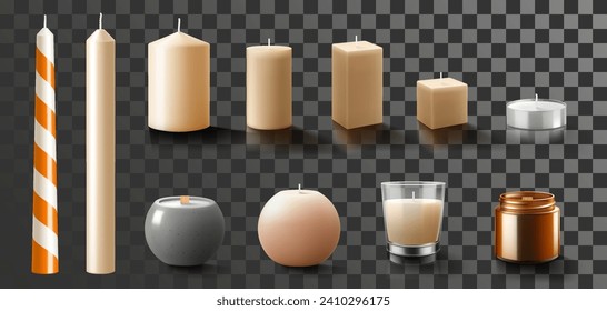 Set of scented wax candles of different sizes and shapes and colors isolated on transparent background. Candles in a candlesticks, burning, and fire flames with wick. Realistic 3d vector illustration