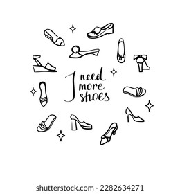 Set scetch mujeres zapatos Vector frase escrita a mano necesito más zapatos