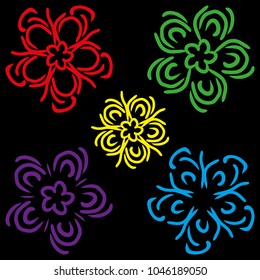 A set of schematic colors. Multicolored flowers for decoration of postcards and gift paper.
