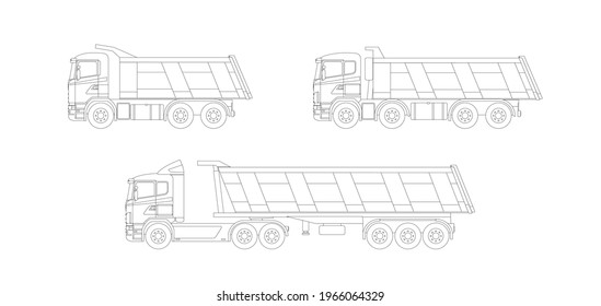 A set of schematic depictions of dump trucks for the transportation of bulk cargoes with a lifting capacity of 20, 30 and 40 tons. Flat vector illustration.