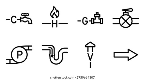 Set of schematic symbols representing plumbing systems, water taps, gas lines, fire hydrants, pumps, flow direction, and valves for diagrams.