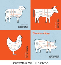 Set A Schematic View Of Animals For The Butcher Shop. Cow And Pork, Cattle And Pig, Chicken And Lamb Meat Illustration. Vector Meat Cuts.