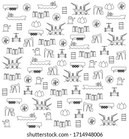 
Set of schematically drawn things on the theme of oil, oil derrick, barrel, tanker, crane, oil storage, fuel truck, gas station, vector illustration, 
oil business pattern