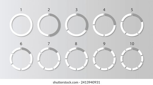Set schemes with sectors. Circular chart. Piechart with segments and slices. Round structure graph. Circle section template in grey color. Pie diagram divided into pieces. Vector illustration