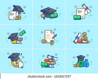 A Set Of Scholarship Vector Icon Illustration. Collections Of Scolarship Icons Concept Isolated. Flat Cartoon Style Suitable for Web Landing Page, Banner, Flyer, Sticker, Card, Background