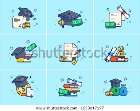 A Set Of Scholarship Vector Icon Illustration. Collections Of Scolarship Icons Concept Isolated. Flat Cartoon Style Suitable for Web Landing Page, Banner, Flyer, Sticker, Card, Background