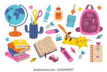 Set of schooi supplies. Back to school. Various accessories for study, student equipment. Cute school modern stickers.