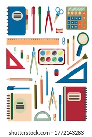 Conjunto de accesorios escolares. De vuelta a la escuela. Colección de herramientas para dibujar y escribir, un conjunto de pinturas, una calculadora se aísla sobre un fondo blanco. Ilustración vectorial en estilo plano.